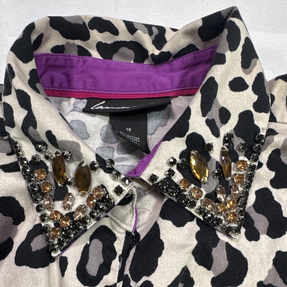 Lane Bryant Leopard Print Button Front Shirt Jeweled Collar Women's Size 18 - Picture 2 of 8